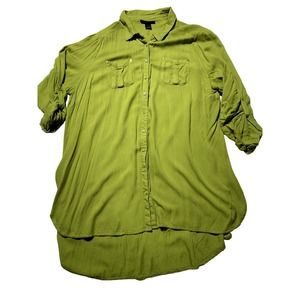 Ashley Stewart Womens 20 Green Roll Tab Sleeve Button Down Tunic Blouse